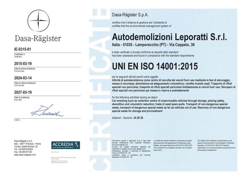 ISO 14001 SCADENZA 19 MARZO 2027